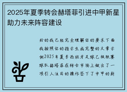 2025年夏季转会赫塔菲引进中甲新星助力未来阵容建设 2025年夏季转会赫塔菲引进中甲新星助力未来阵容建设